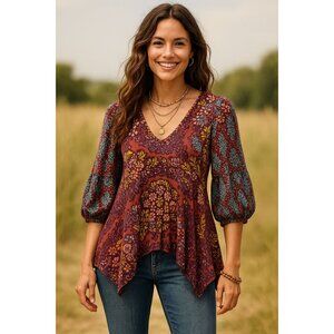 Anthropologie Maeve‎ Boho Cottagecore Floral Handkerchief Hem Tunic Top Sz Small